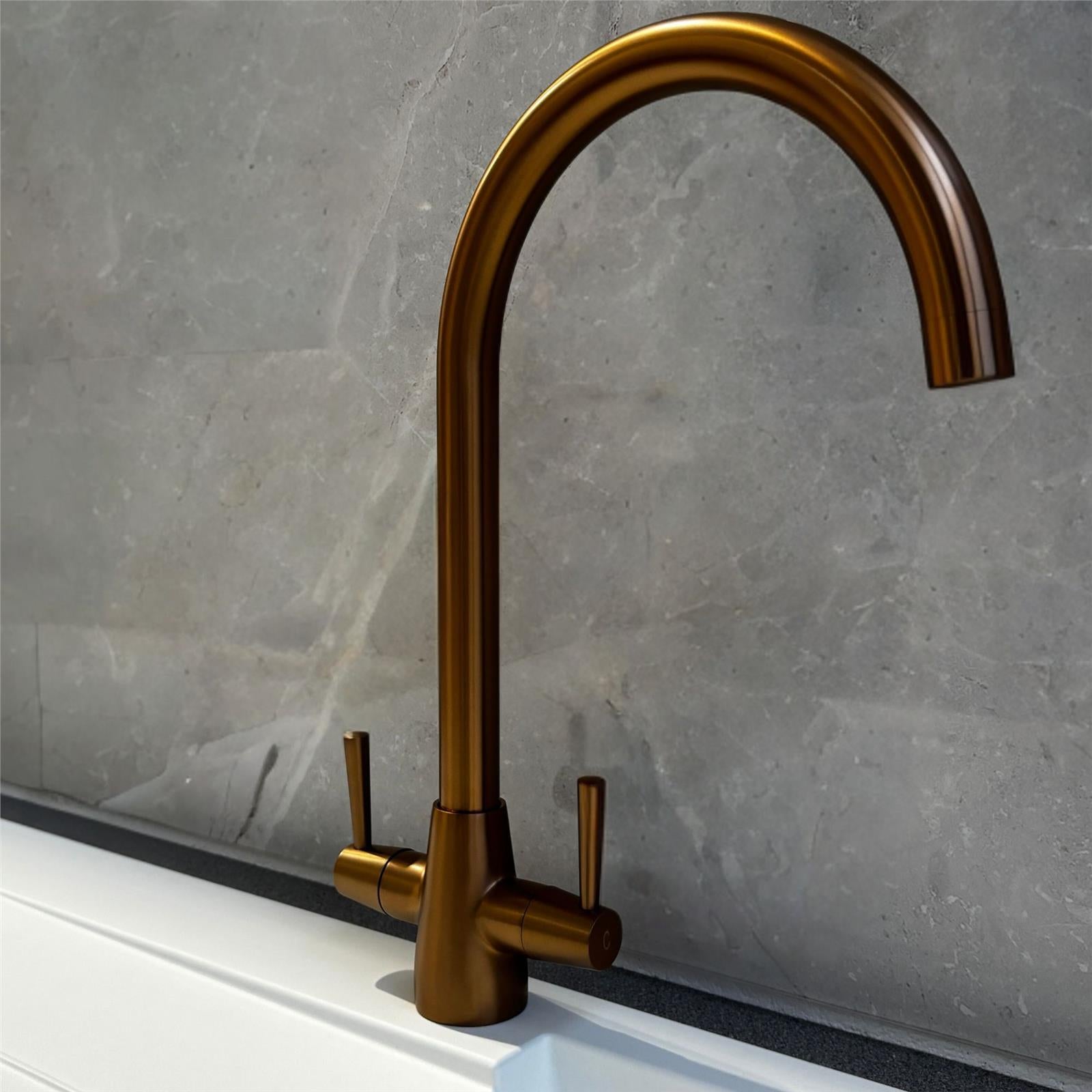 Liquida LU406CP Swivel Spout Swan Neck Twin Lever Copper Kitchen Mixer Tap